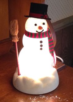 a snowman with a top hat, scarf and broom is sitting on a table