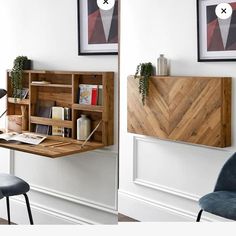 a desk with some books on it and two chairs in front of the wall next to it