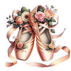 a pair of pink ballet shoes with flowers on them and ribbon around the shoelace