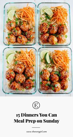 four glass dishes filled with meatballs and carrots, topped with lime wedges