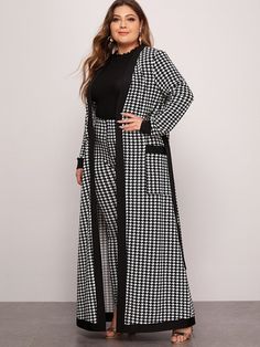 Plus Patch Pocket Belted Houndstooth Coat & Leggings Set | EMERY ROSE Flared Jacket, Coated Leggings, Houndstooth Pants, Houndstooth Coat, Fall Plus Size, Sequin Rompers, Black And White Style, Leggings Set, Belted Coat