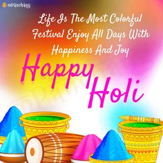 happy holi day with colorful powders in baskets and pots on the ground,