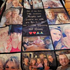 a blanket with pictures of people and words on it, all printed in different colors