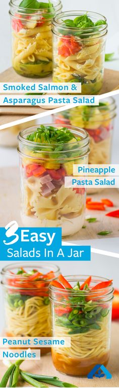 four images showing how to make pasta salads in a jar with the instructions below