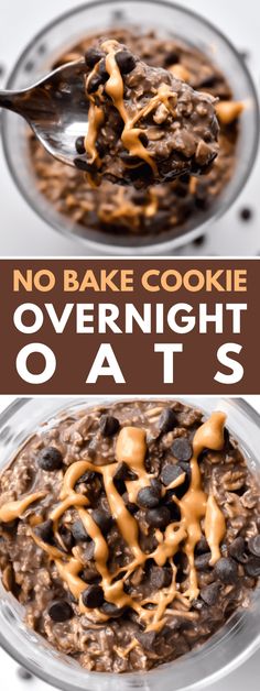 no bake cookie overnight oats in a glass bowl with chocolate chips and caramel drizzle