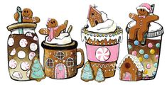 three gingerbread mugs are decorated with candy and cookies