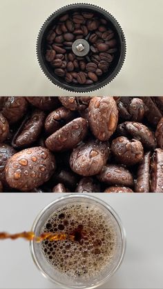 coffee beans are being poured into a glass and then placed on top of the ground