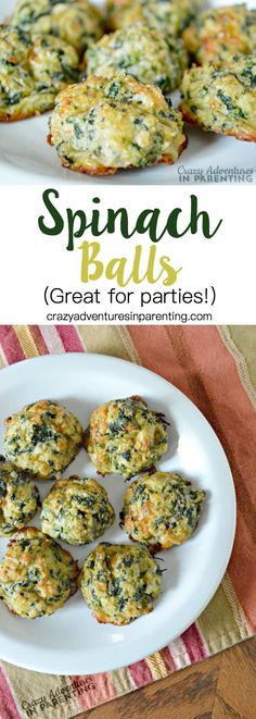 spinach balls on a white plate with text overlay that says spinach balls great for parties