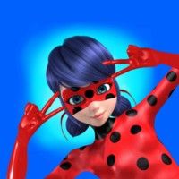 an animated lady bug with blue hair and black dots on her body, wearing a red mask