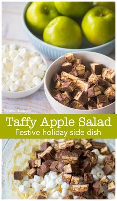 tasty holiday side dish with apples, marshmallows and apple slices in bowls