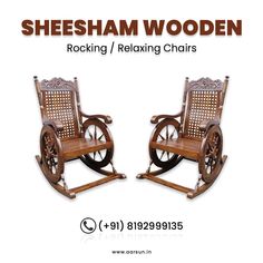 two wooden rocking chairs with wheels on the back and sides are shown in this advertisement