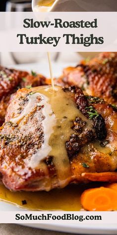 These easy Slow-Roasted Turkey Thighs are perfect for a low-key Thanksgiving dinner. They’re made in one pan and slathered with the most delicious garlic-herb butter.