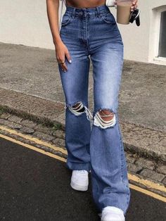 Ripped Flare Wide Leg Jeans Distressed High Waist Ripped Jeans - AnotherChill Ripped High Waisted Jeans, Moda Denim, Bootcut Jean, Denim Joggers, Cooler Look, Bell Bottom Pants, Flared Jeans, Look Casual, Mongolia