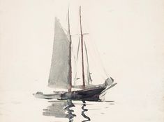 a painting of a sailboat in the water with its sails down and reflections on the water