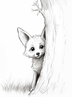 a drawing of a fox peeking out from behind a tree