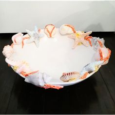 a white plate with seashells and starfish on it