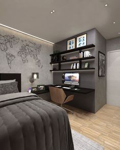 a bedroom with a bed, desk and shelves on the wall next to each other