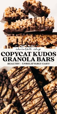 chocolate chip copycat kudos granola bars stacked on top of each other with text overlay