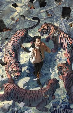 a man is surrounded by tigers in the middle of an artwork work that appears to be painted