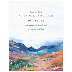 the save the date card is shown with mountains in the background