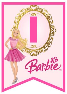 a barbie doll is standing in front of a pink banner with the letter b on it