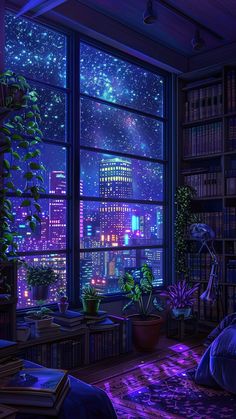 an image of a city at night seen from a window with bookshelves and plants