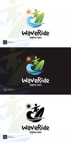 three different logos for water ride, including one with a person on a jet ski