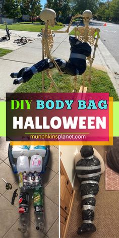 there is a collage of pictures with the words diy body bag halloween