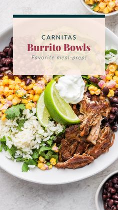 carnitas burrito bowls with black beans, corn and avocado on the side