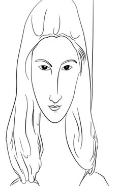 a black and white drawing of a woman's face with long hair, looking straight ahead