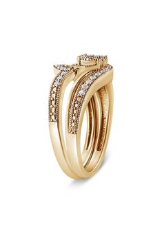 a yellow gold ring with three rows of diamonds on the sides and an open band