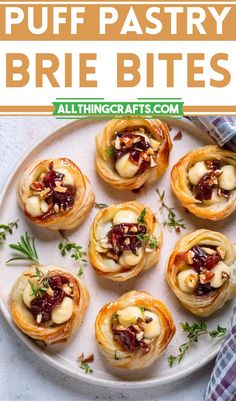 puff pastry brie bites with cranberry filling on a white plate and text overlay that reads, puff pastry brie bites