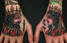 Herren Hand Tattoos, Traditional Hand Tattoo, Tato Tradisional, Traditional Style Tattoo, Queen Tattoo, Traditional Tattoo Sleeve, King Tattoos, Old School Tattoos, Old School Tattoo Designs