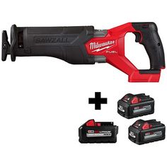 a cordless tool with three batteries and one battery attached to the handle, all in black and red