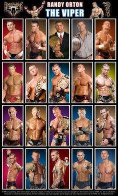 many different pictures of the same man in wrestling gear, one with his hands on his chest