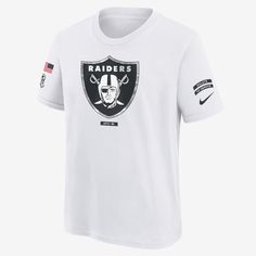 The Las Vegas Raiders Salute to Service Primary Edge Legend T-Shirt combines sweat-wicking technology with military-inspired team details to help give you a reliable look and feel while on the move. White T-shirt With Team Logo For Fans, White Short Sleeve T-shirt With Team Logo, White Breathable T-shirt For Team Events, White T-shirt With Team Logo For Sports Events, White T-shirt For Team Spirit Fan Gear, White T-shirt For Fan Gear With Team Spirit, Nike Team Spirit Moisture-wicking T-shirt, Nike Sporty T-shirt For Team Events, Sporty White T-shirt For Fan Gear