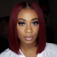 Synthetic Hair Wig Middle Part Bob Wigs Ombre Burgundy Red Wigs Cosplay Costume Short Burgundy Hair, Pelo Color Vino, Hair Color Burgundy, Bob Lace Front Wigs, Pelo Afro, Burgundy Hair, Straight Lace Front Wigs, Pixie Bob, Human Hair Lace Wigs