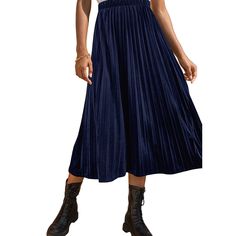 Navy Blue Velvet Pleated A-line Skirt Casual Blue A-line Skirt, Chic Blue Knee-length Pleated Skirt, Blue Casual Pleated Skirt, Blue Fitted Pleated Skirt For Fall, Blue Lined Pleated Skirt For Fall, Fitted Blue Pleated Skirt For Fall, Blue Skirted Bottoms For Fall, Blue Chic Full Pleated Skirt, Fall Blue Full Skirt