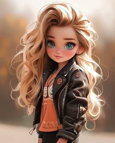 a drawing of a girl with blonde hair and blue eyes wearing a black leather jacket