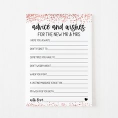 advice card for the new mr and mrs to do list with pink confetti sprinkles