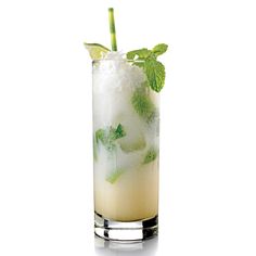 a tall glass filled with ice and mint