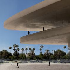 an artist's rendering of people sitting at tables in a desert like area with palm trees