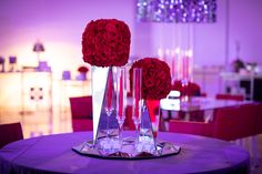 three tall vases with red roses are on a table in front of purple chairs