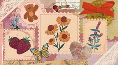 an altered collage with flowers, butterflies and teddy bear on it's side