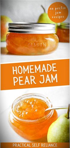 a jar filled with homemade pear jam next to an apple