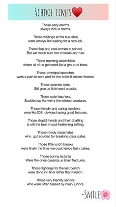 a poem with the words school times on it