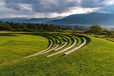 a row of steps sitting in the middle of a lush green field with mountains in the background