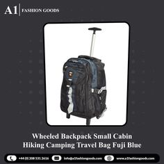 the back pack has wheels on it and is black with white lettering, which reads wheel backpack small cabin hiking camping travel bag fruit blue