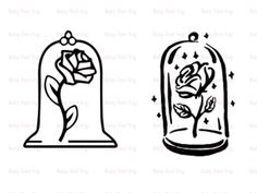 the beauty and the beast silhouettes are shown in black ink, with one being a rose