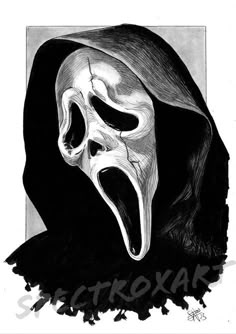 a black and white drawing of a person with a scream mask on it's face